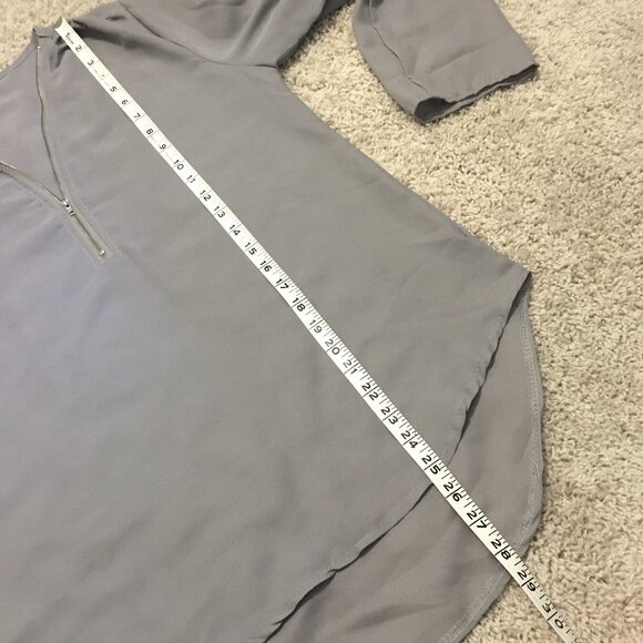 Grey Semi Sheer Lightweight Zip Collar Droptail Hem Blouse - Picture 15 of 16